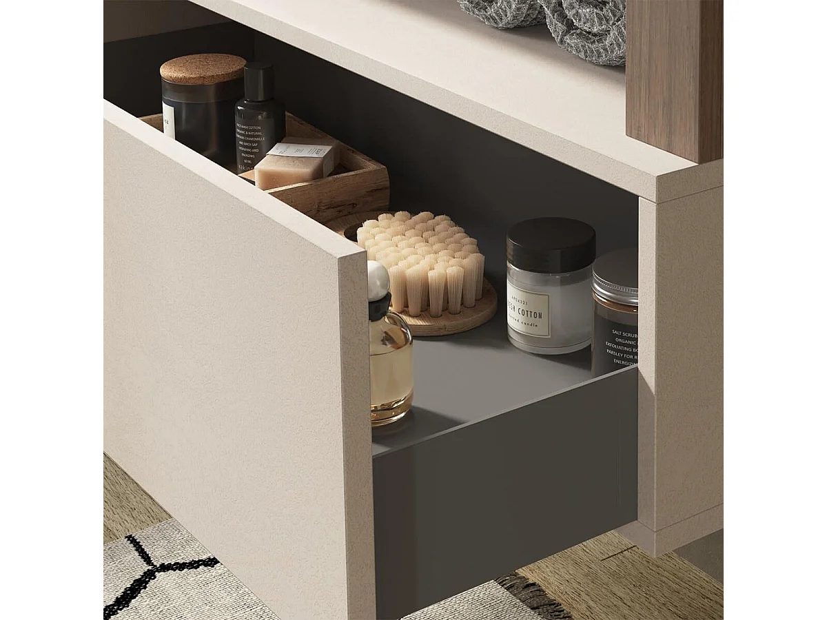 ARTURO - Meuble Vasque 92cm suspendu 1 tiroirs beige laqué et aspect bois finition Mercure