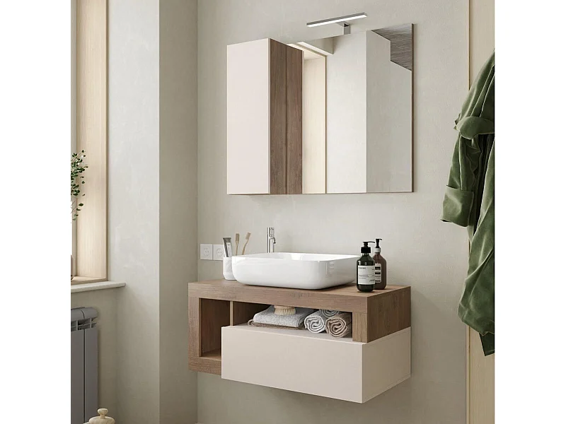 ARTURO - Meuble Vasque 92cm suspendu 1 tiroirs beige laqué et aspect bois finition Mercure