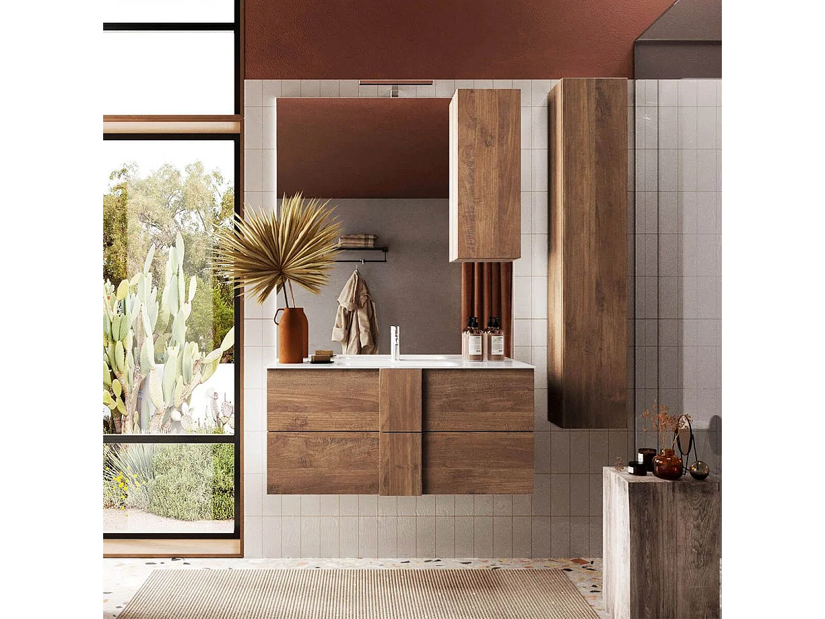 Meuble Vasque 101cm suspendu 2 tiroirs aspect bois finition Mercure - ZEUS