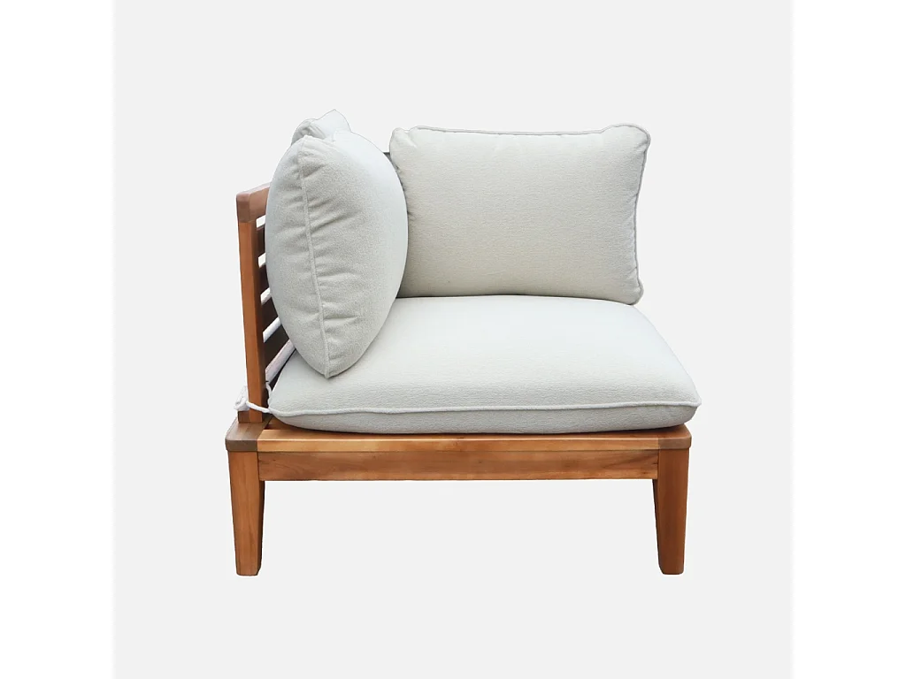 Divano modulare da giardino in legno di acacia e bouclé, 2 posti,