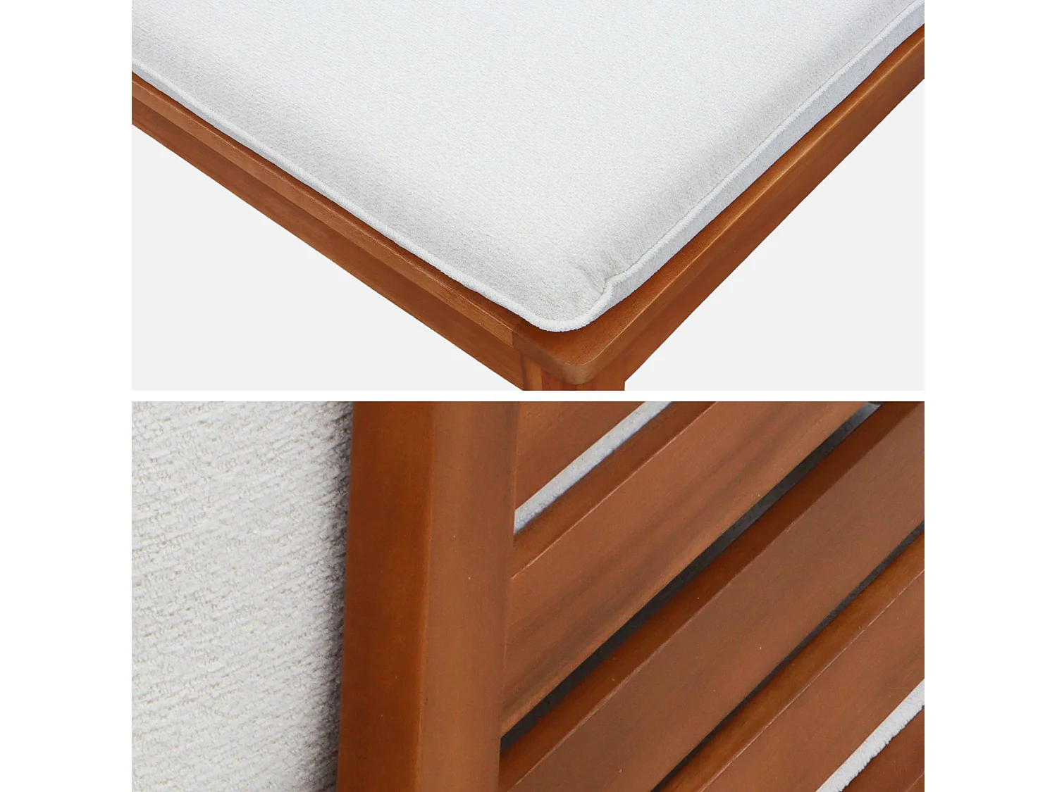 Divano modulare da giardino in legno di acacia e bouclé, 2 posti,