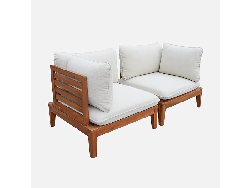 Divano modulare da giardino in legno di acacia e bouclé, 2 posti,