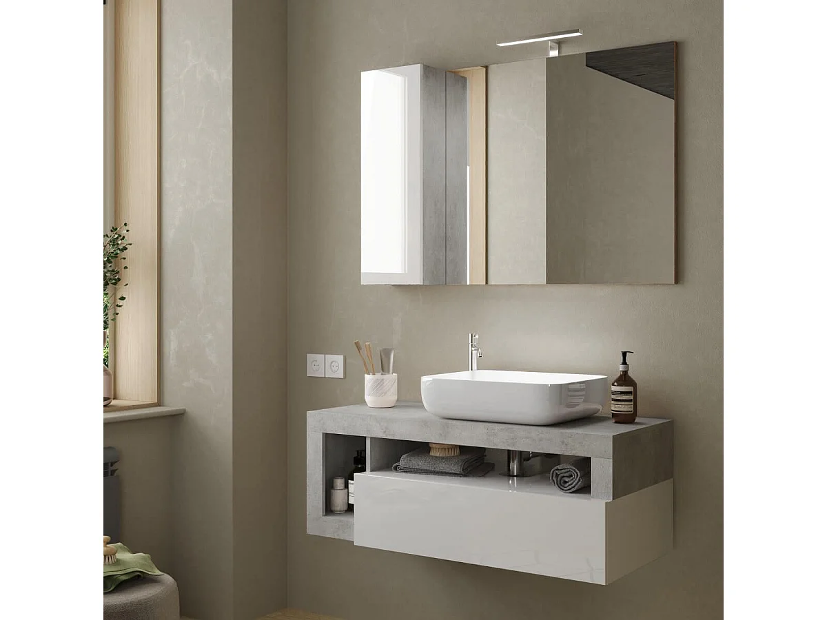 ARTURO - Meuble Vasque 110cm suspendu 1 tiroirs blanc laqué et aspect aspect béton