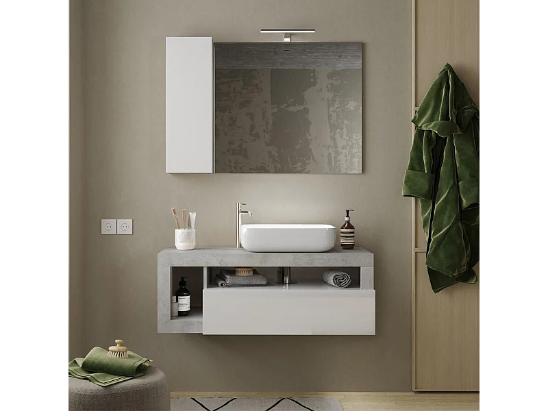 ARTURO - Meuble Vasque 110cm suspendu 1 tiroirs blanc laqué et aspect aspect béton