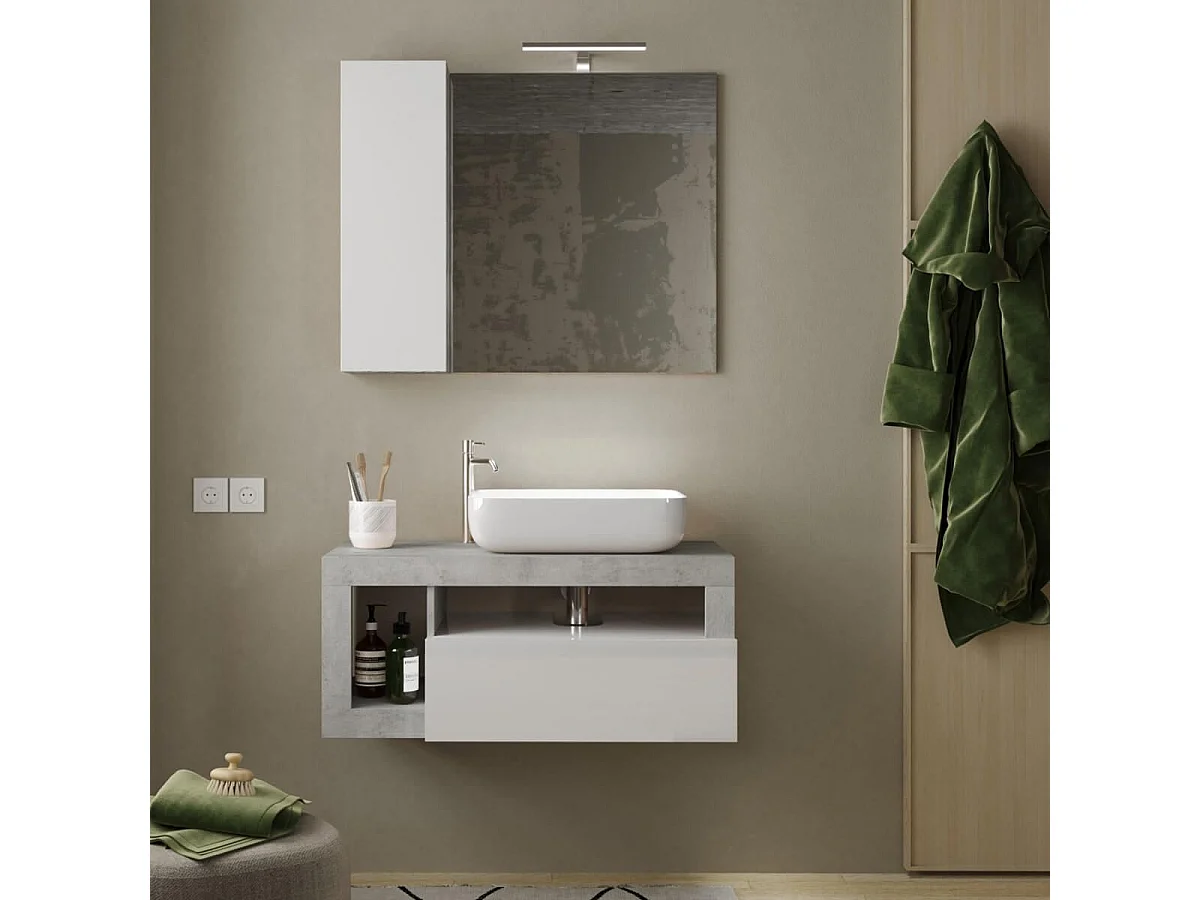 ARTURO - Meuble Vasque 92cm suspendu 1 tiroirs blanc laqué et aspect béton