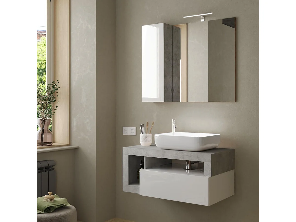 ARTURO - Meuble Vasque 92cm suspendu 1 tiroirs blanc laqué et aspect béton