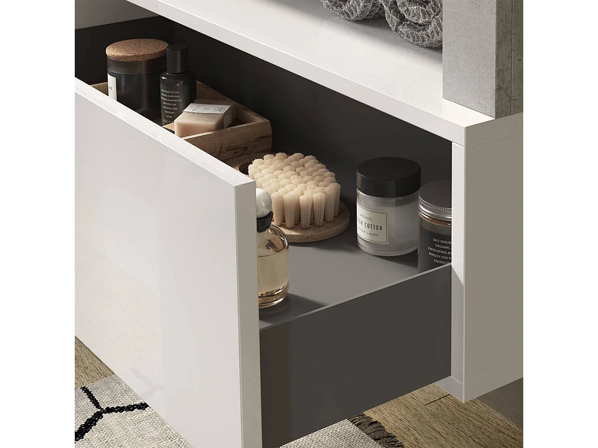 ARTURO - Meuble Vasque 92cm suspendu 1 tiroirs blanc laqué et aspect béton