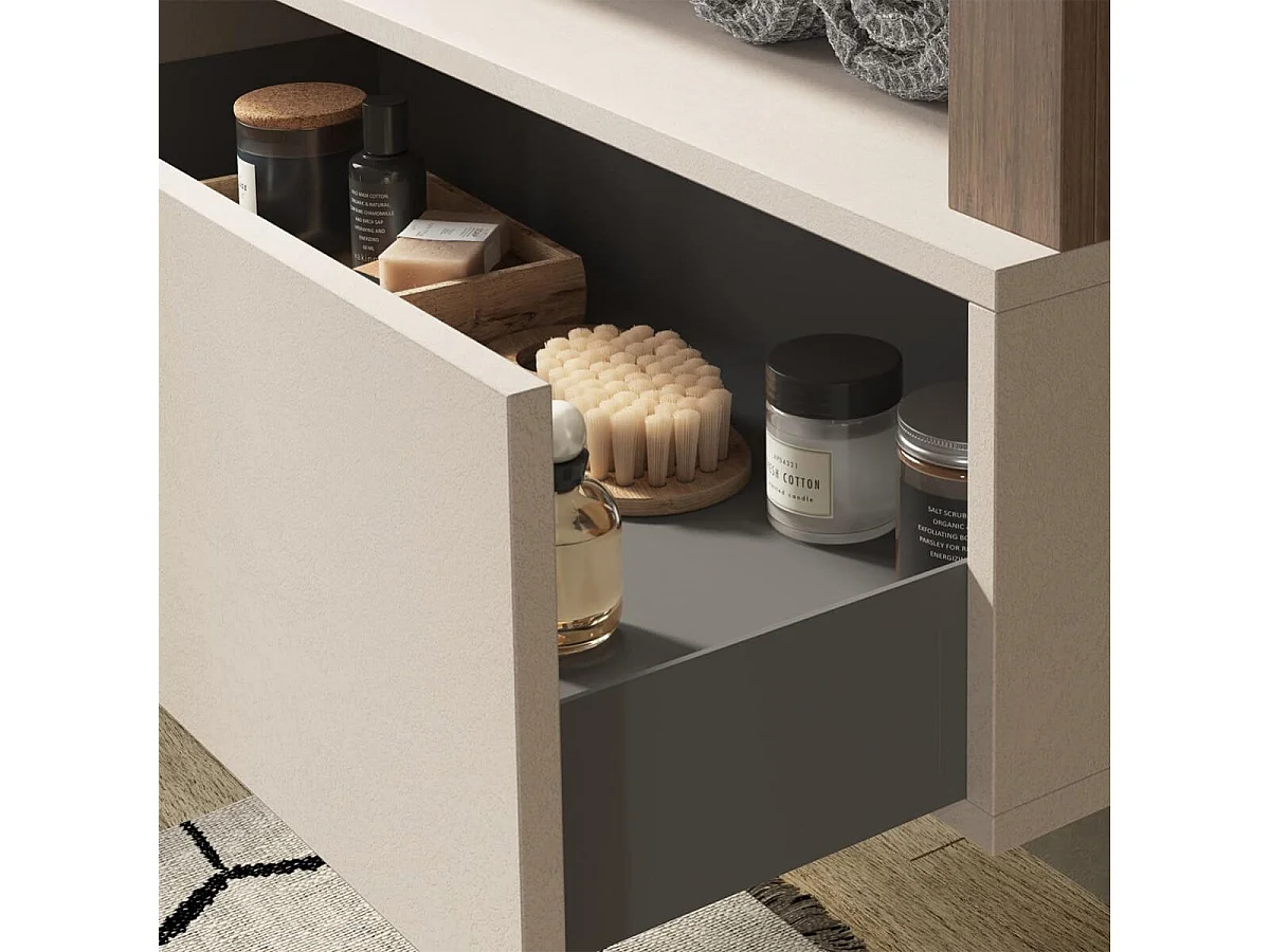 ARTURO - Meuble Vasque 110cm suspendu 1 tiroirs beige laqué et aspect bois finition Mercure