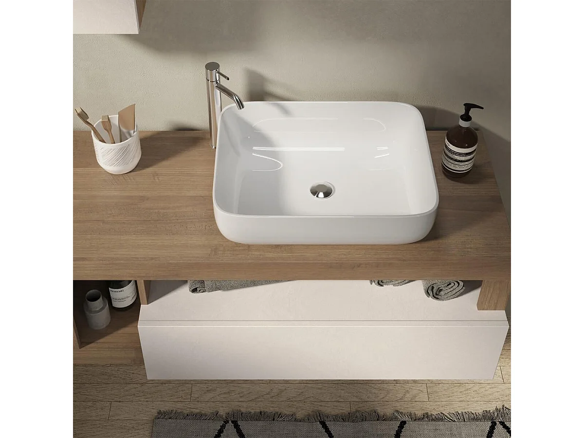 ARTURO - Meuble Vasque 110cm suspendu 1 tiroirs beige laqué et aspect bois finition Mercure