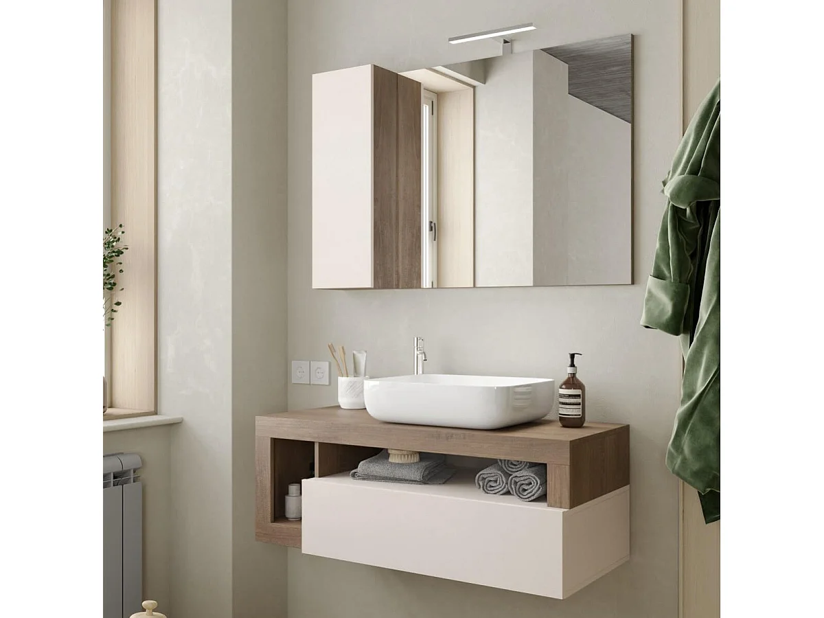 ARTURO - Meuble Vasque 110cm suspendu 1 tiroirs beige laqué et aspect bois finition Mercure