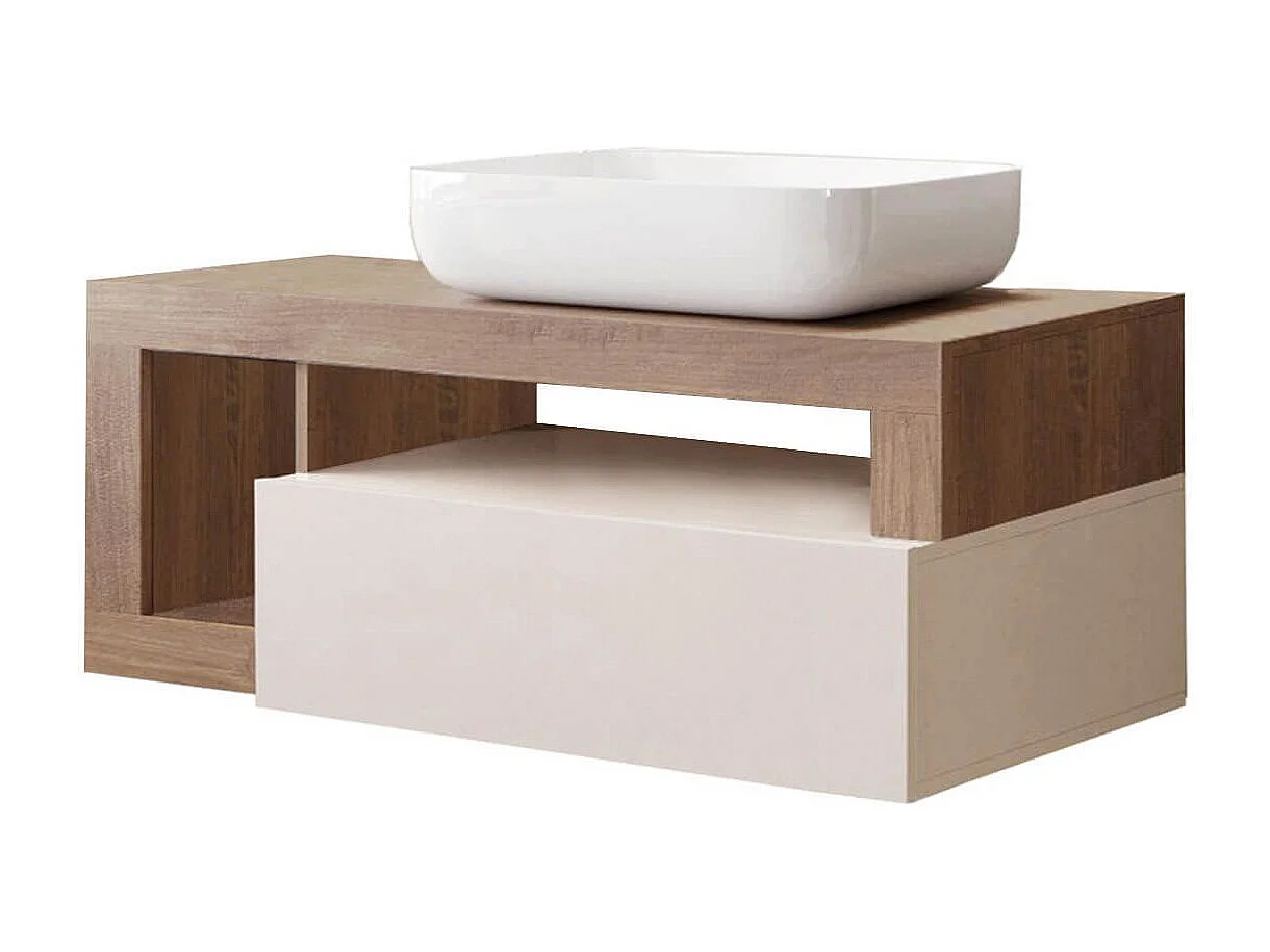 ARTURO - Meuble Vasque 110cm suspendu 1 tiroirs beige laqué et aspect bois finition Mercure