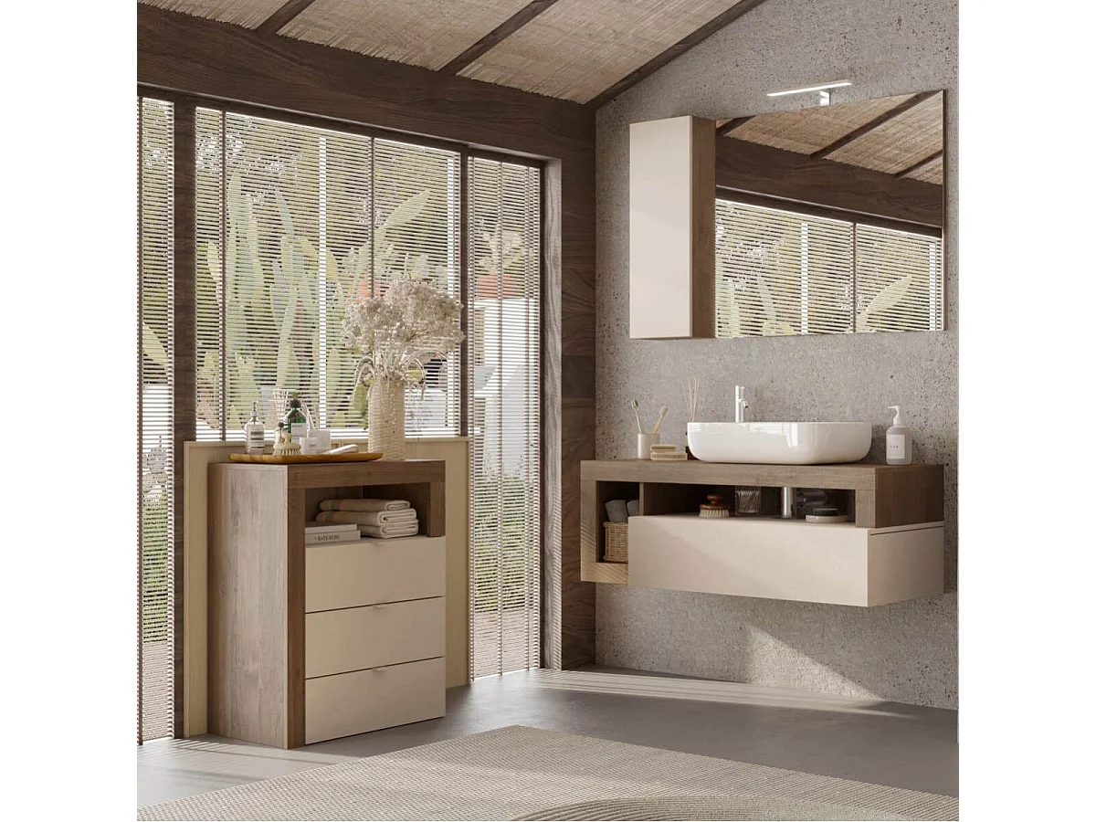 ARTURO - Meuble Vasque 110cm suspendu 1 tiroirs beige laqué et aspect bois finition Mercure