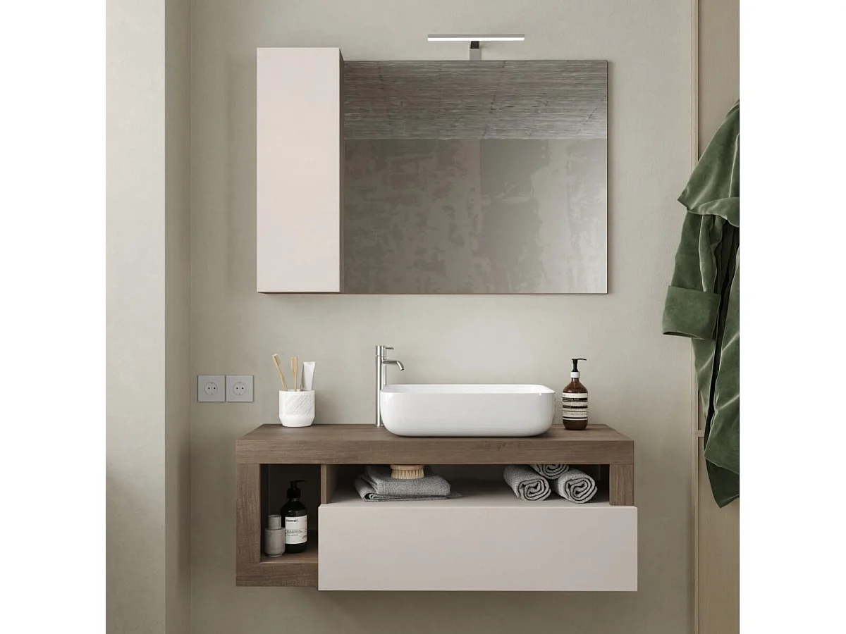 ARTURO - Meuble Vasque 110cm suspendu 1 tiroirs beige laqué et aspect bois finition Mercure