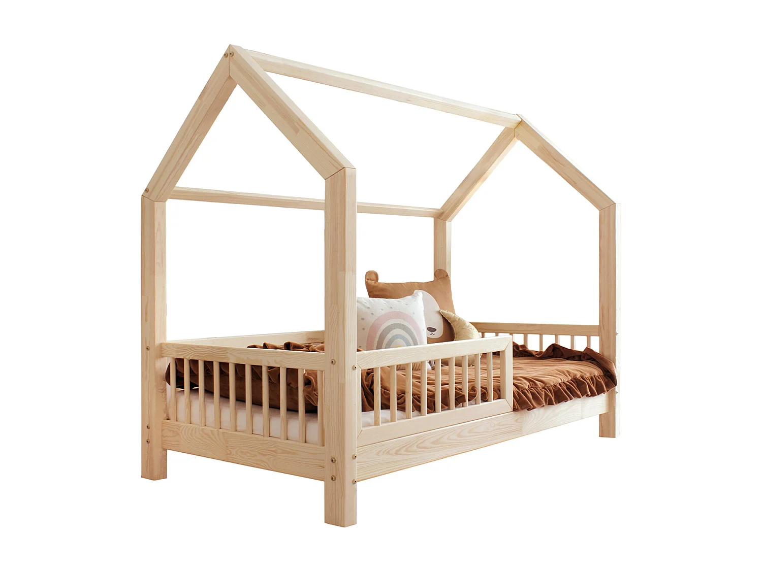 Lit cabane 90x200 barrière et sommier inclus pieds 10 cm Sofia Bois
