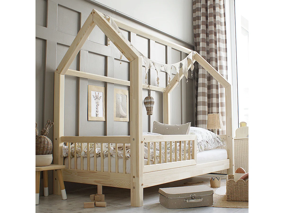 Lit cabane 90x200 barrière et sommier inclus pieds 10 cm Sofia Bois