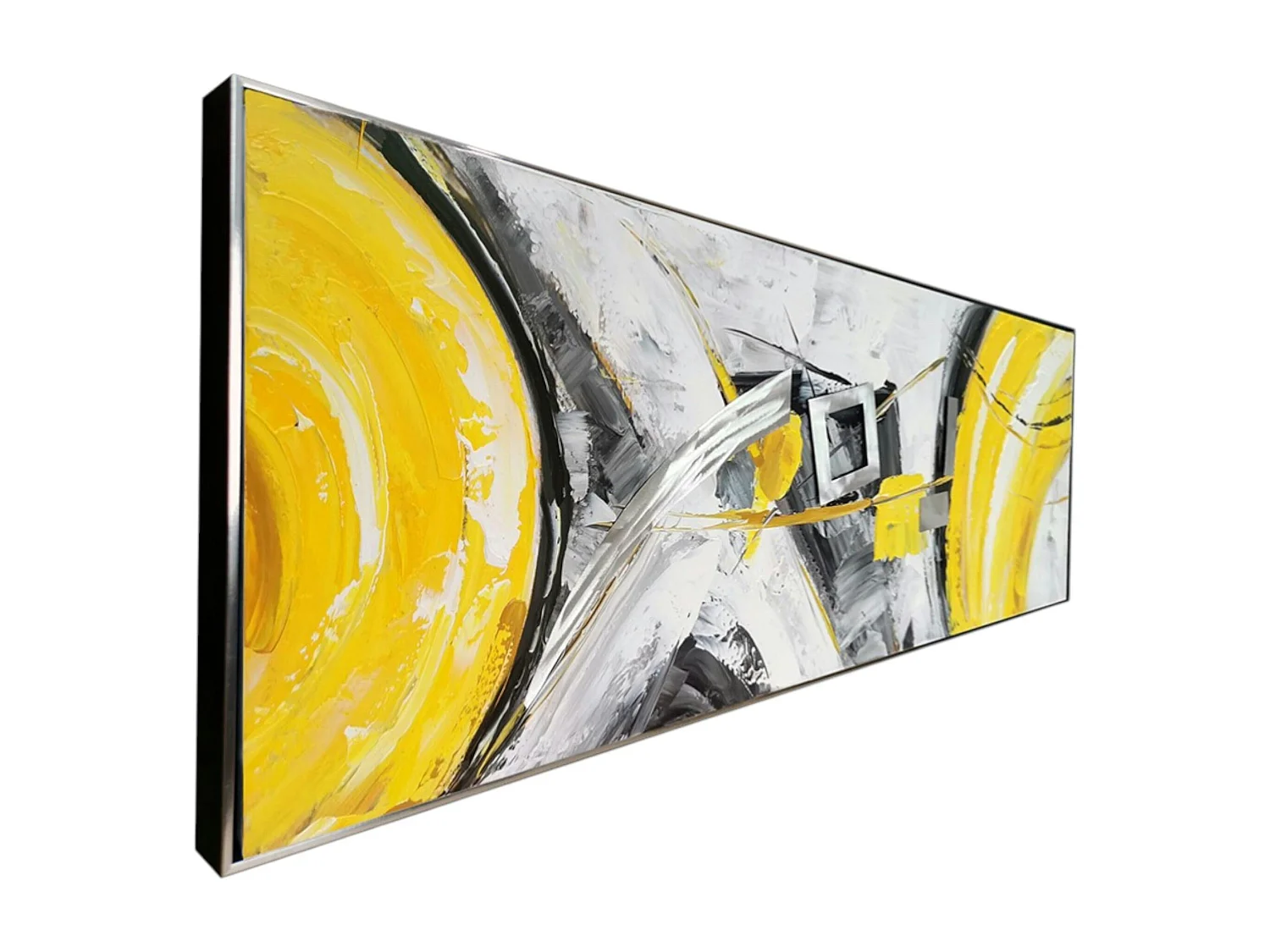 Tableau abstrait jaune et gris formes métalliques cadre argent