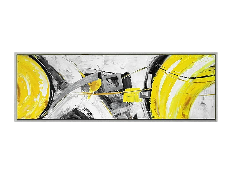 Tableau abstrait jaune et gris formes métalliques cadre argent