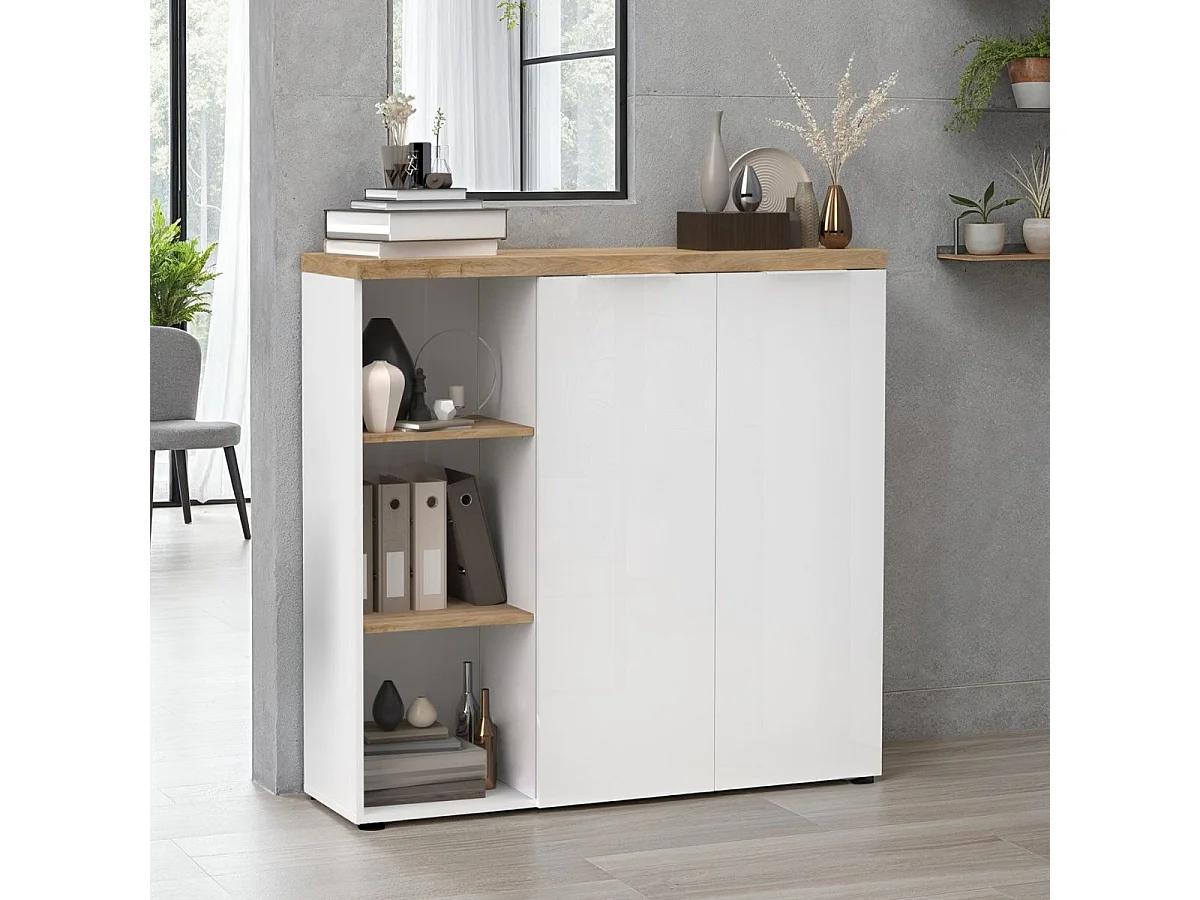 Rangement 2 portes avec niches blanc laqué brillant dessus aspect bois finition Cadiz - GENIUS