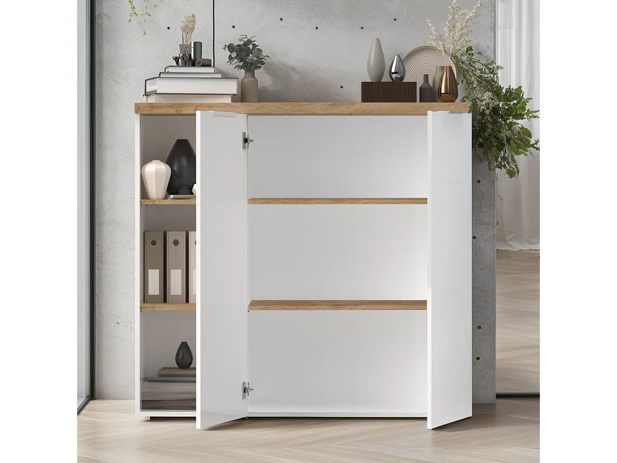 Rangement 2 portes avec niches blanc laqué brillant dessus aspect bois finition Cadiz - GENIUS