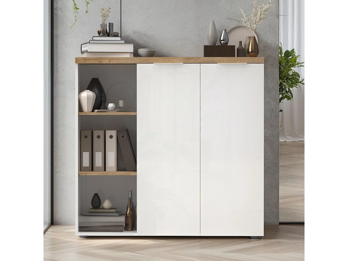 Rangement 2 portes avec niches blanc laqué brillant dessus aspect bois finition Cadiz - GENIUS