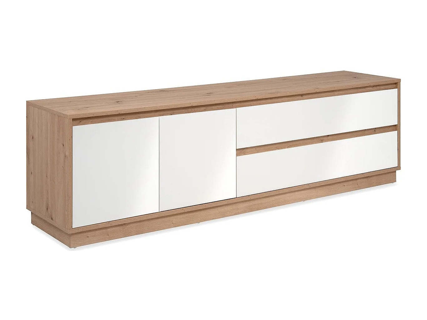 Meuble TV 2 portes 2 tiroirs effet Chêne et blanc brillant 172 cm - Nalen