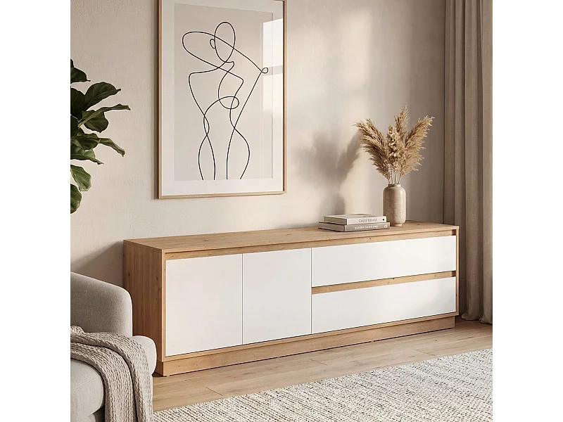 Meuble TV 2 portes 2 tiroirs effet Chêne et blanc brillant 172 cm - Nalen