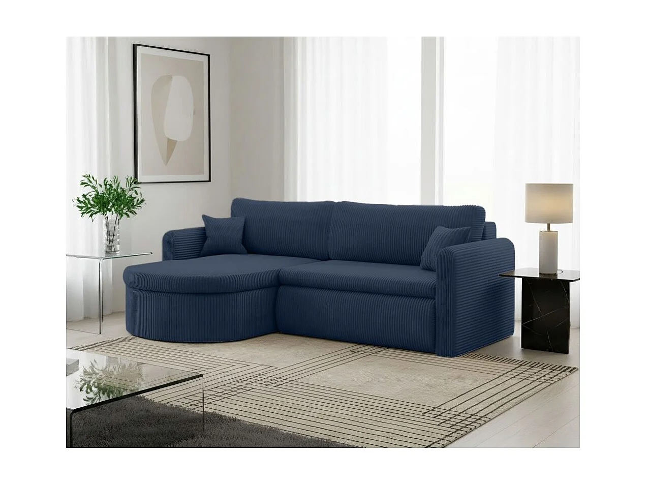 Canapé d'angle reversible convertible 4 places VERA en velours cotelé - Bleu foncé