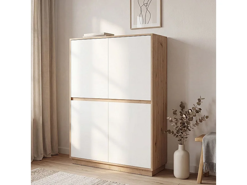 Buffet 4 porte effet Chêne et blanc brillant 101 cm - Nalen