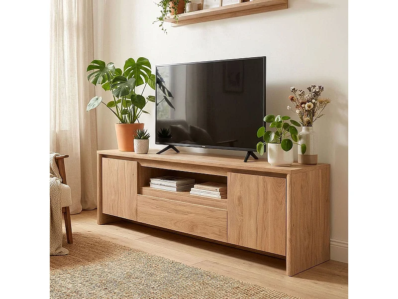 Meuble TV 2 portes 1 tiroir effet bois 163 cm - Luis