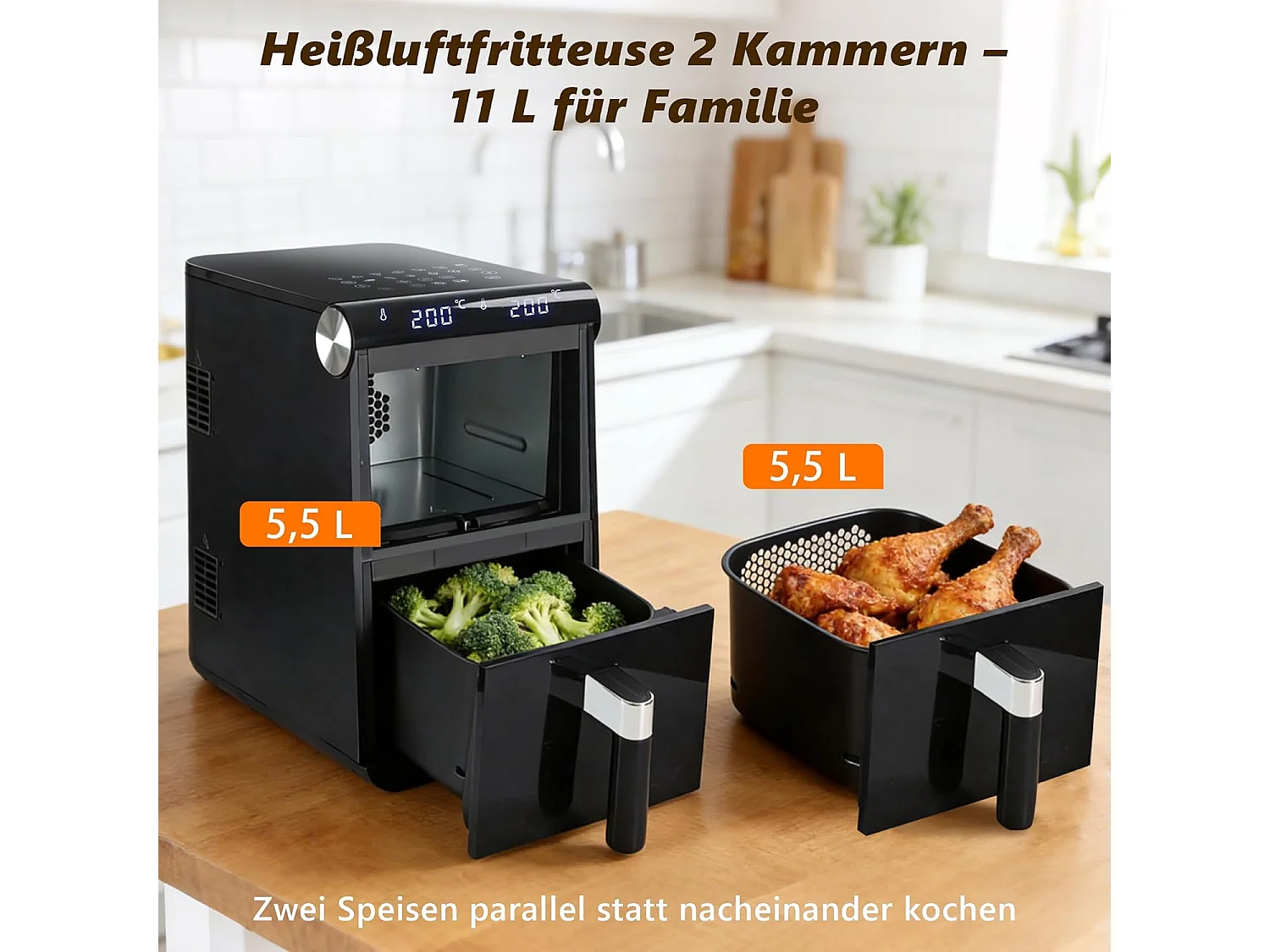 Nettlife 2-Kammer-Heißluftfritteuse (11 l), 13-in-1, zwei übereinanderliegende Kochzonen, 2800 W, Touchscreen, Timer, spülmaschinenfeste Körbe