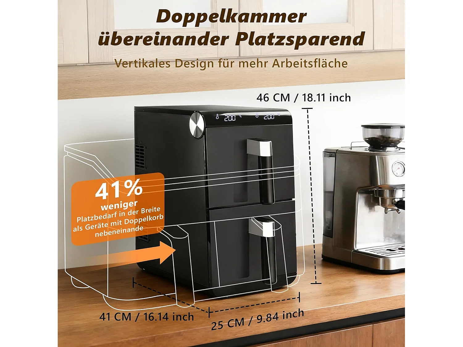 Nettlife 2-Kammer-Heißluftfritteuse (11 l), 13-in-1, zwei übereinanderliegende Kochzonen, 2800 W, Touchscreen, Timer, spülmaschinenfeste Körbe