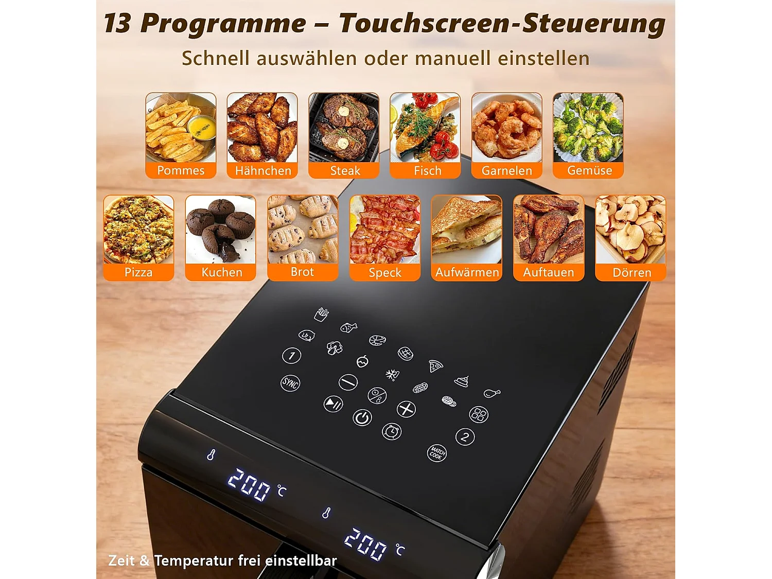 Nettlife 2-Kammer-Heißluftfritteuse (11 l), 13-in-1, zwei übereinanderliegende Kochzonen, 2800 W, Touchscreen, Timer, spülmaschinenfeste Körbe