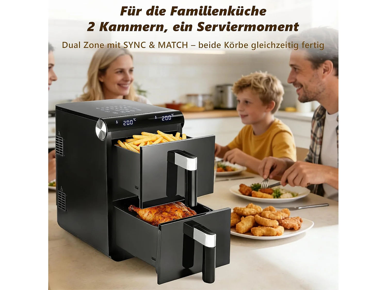 Nettlife 2-Kammer-Heißluftfritteuse (11 l), 13-in-1, zwei übereinanderliegende Kochzonen, 2800 W, Touchscreen, Timer, spülmaschinenfeste Körbe