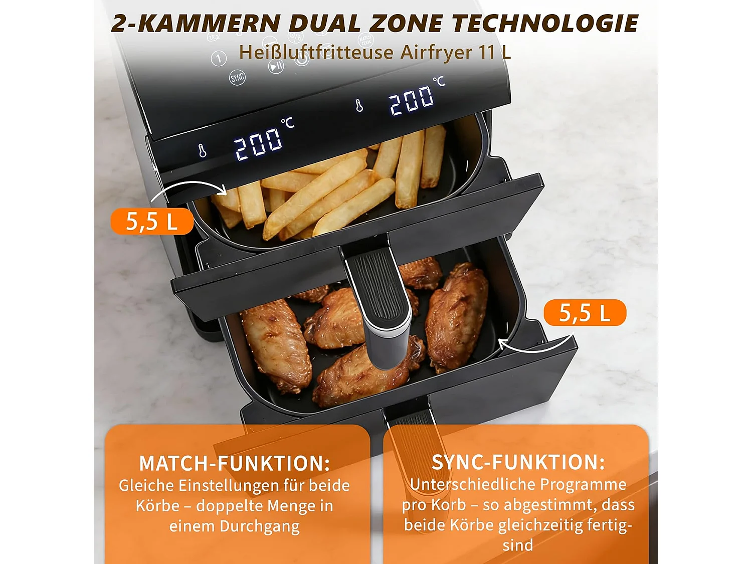 Nettlife 2-Kammer-Heißluftfritteuse (11 l), 13-in-1, zwei übereinanderliegende Kochzonen, 2800 W, Touchscreen, Timer, spülmaschinenfeste Körbe