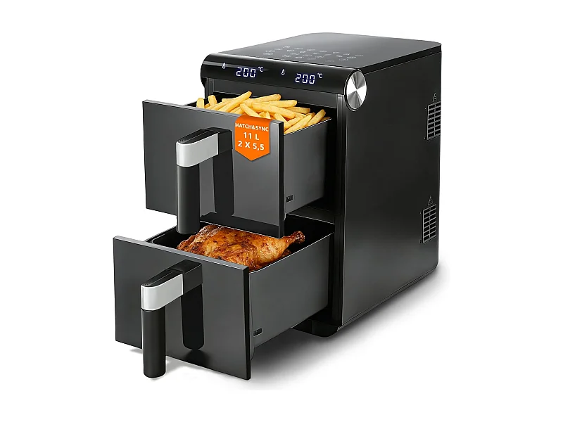 Nettlife 2-Kammer-Heißluftfritteuse (11 l), 13-in-1, zwei übereinanderliegende Kochzonen, 2800 W, Touchscreen, Timer, spülmaschinenfeste Körbe