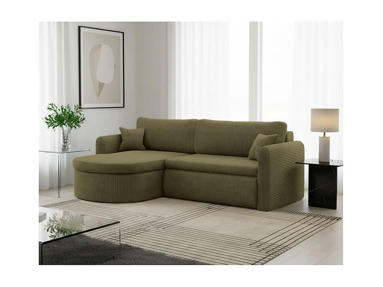 Canapé d'angle reversible convertible 4 places VERA en velours cotelé - Vert kaki