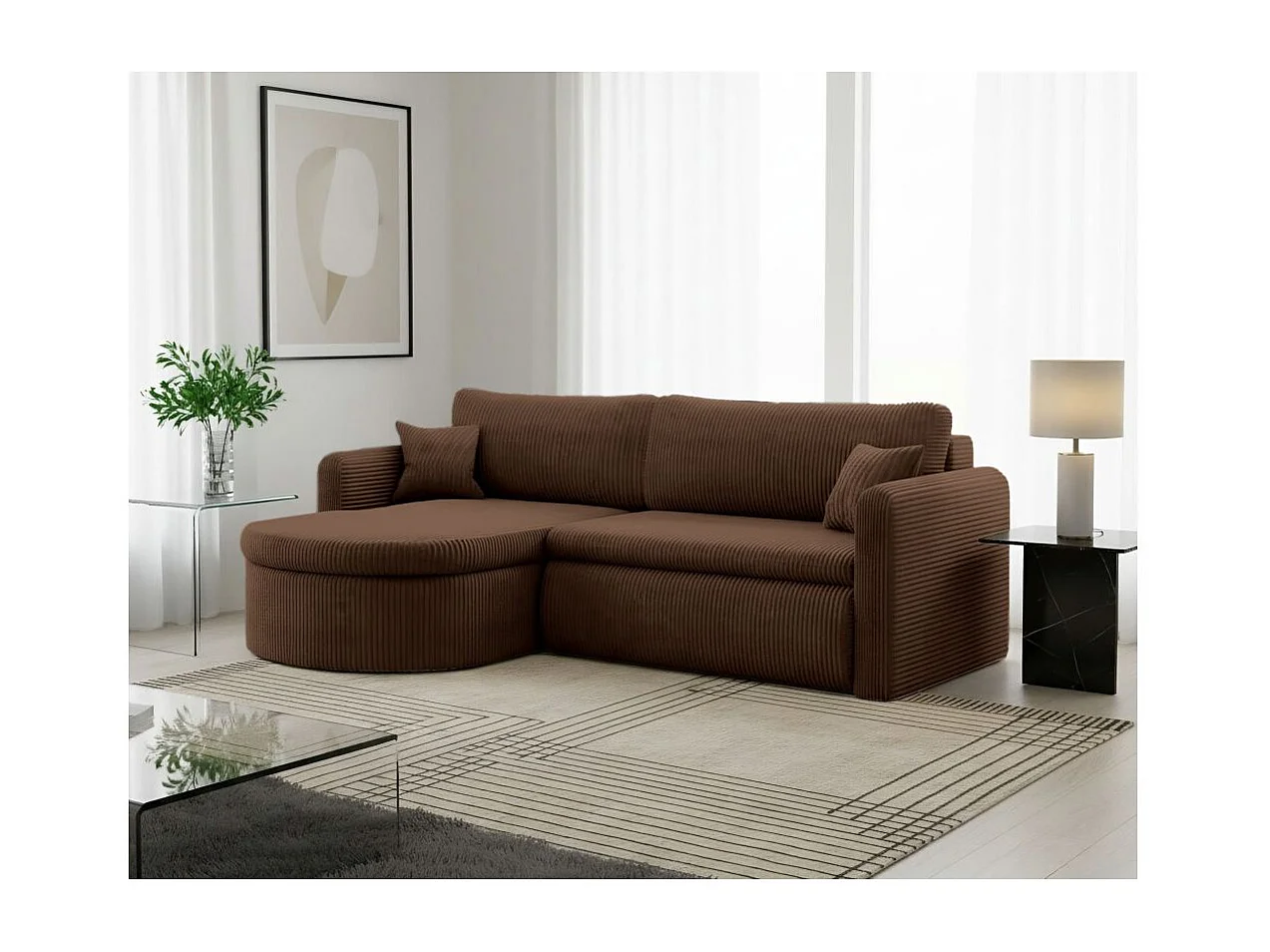 Canapé d'angle reversible convertible 4 places VERA en velours cotelé - Marron