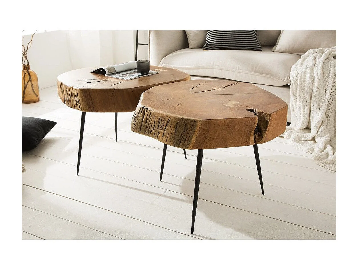 Table basse NOMA asymétrique 60 cm en bois massif d'acacia – Table basse design avec pieds en métal