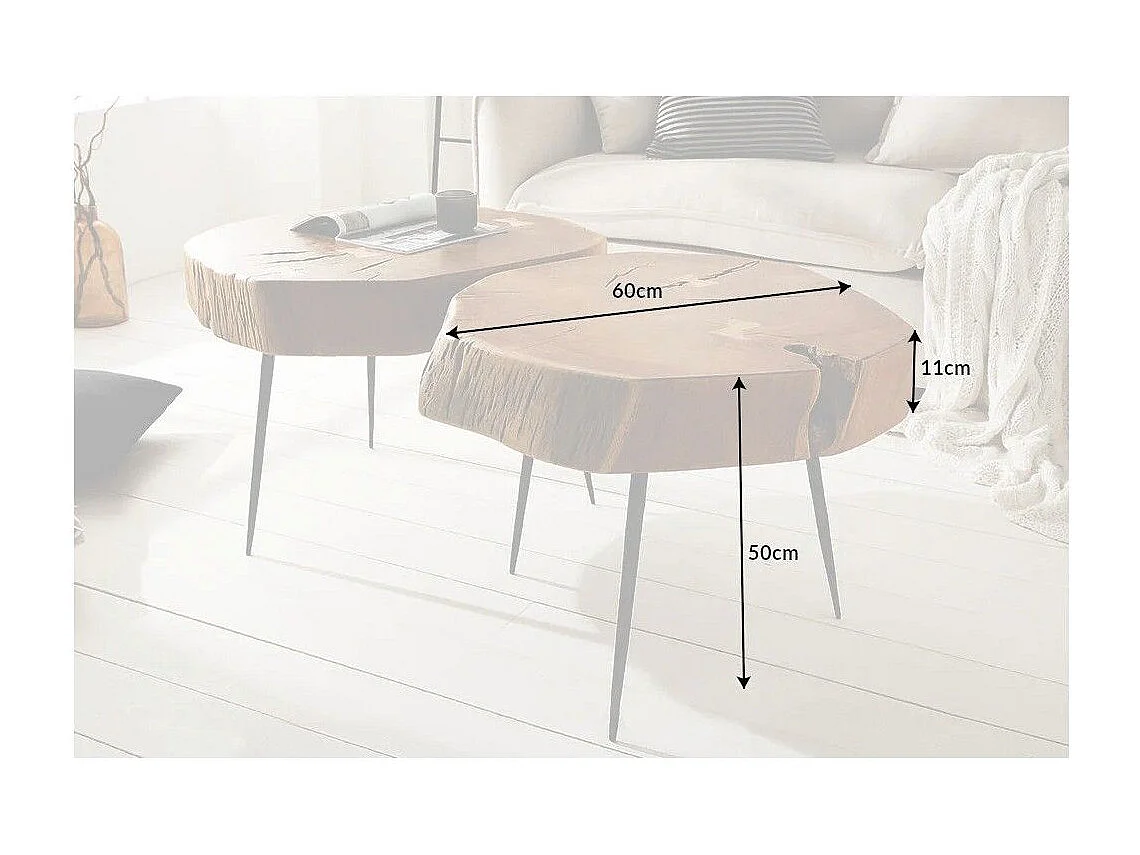 Table basse NOMA asymétrique 60 cm en bois massif d'acacia – Table basse design avec pieds en métal