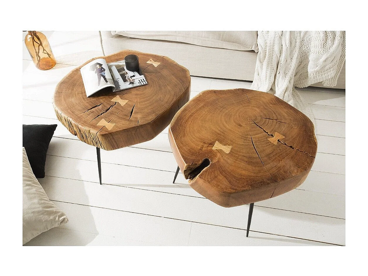 Table basse NOMA asymétrique 60 cm en bois massif d'acacia – Table basse design avec pieds en métal