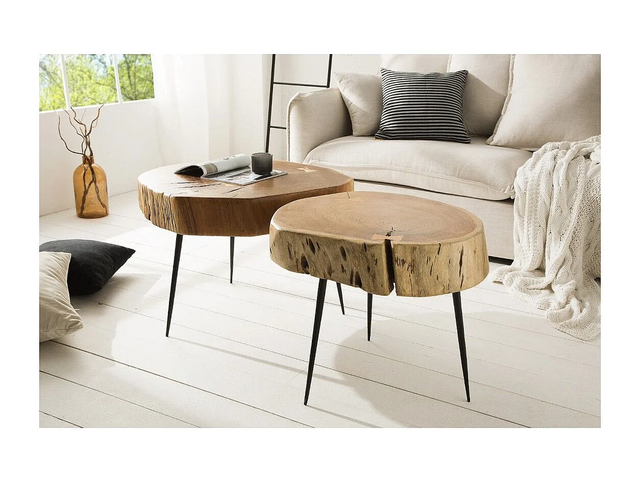 Table basse NOMA asymétrique 60 cm en bois massif d'acacia – Table basse design avec pieds en métal