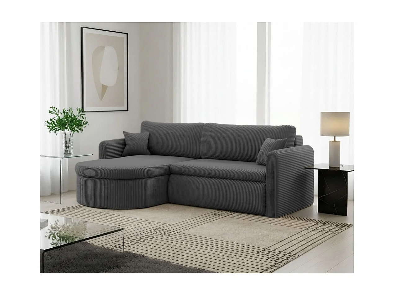 Canapé d'angle reversible convertible 4 places VERA en velours cotelé - Gris