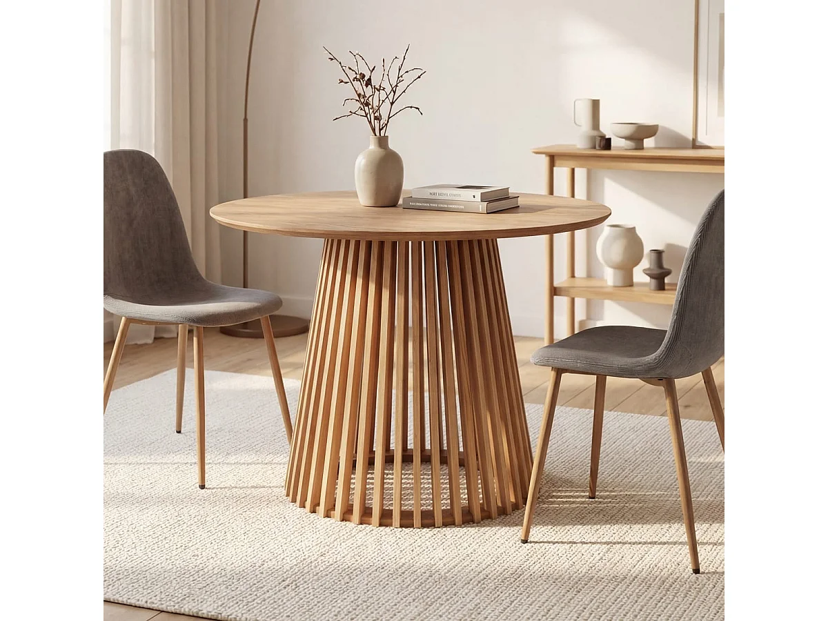 Table à manger ronde, piètement central conique effet bois 4 pers. Ø100 cm - Roman