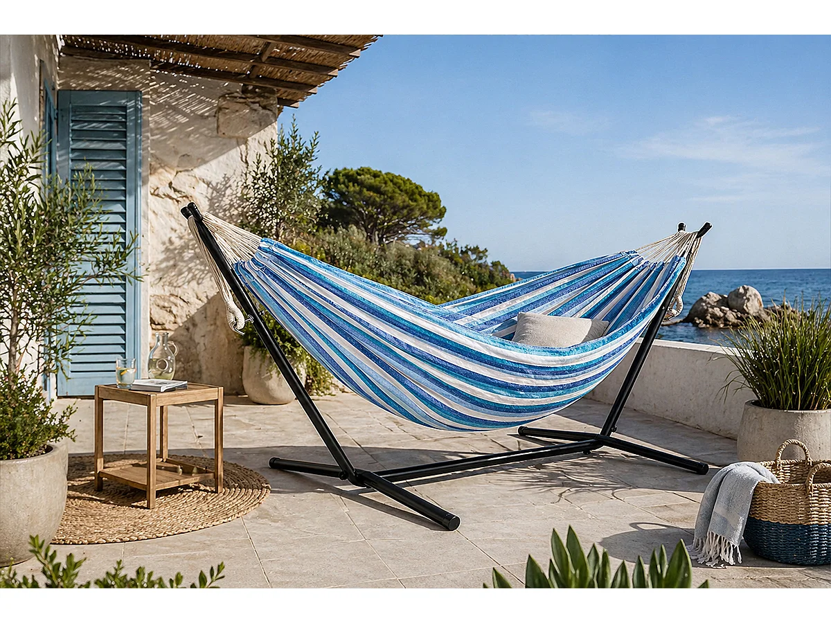 Amaca con supporto da giardino – Panama blu mix