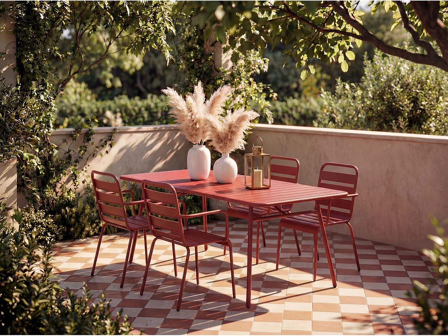 Salle à manger de jardin en métal - une table L.160 cm et 4 fauteuils empilables - Rouge - MIRMANDE de MYLIA