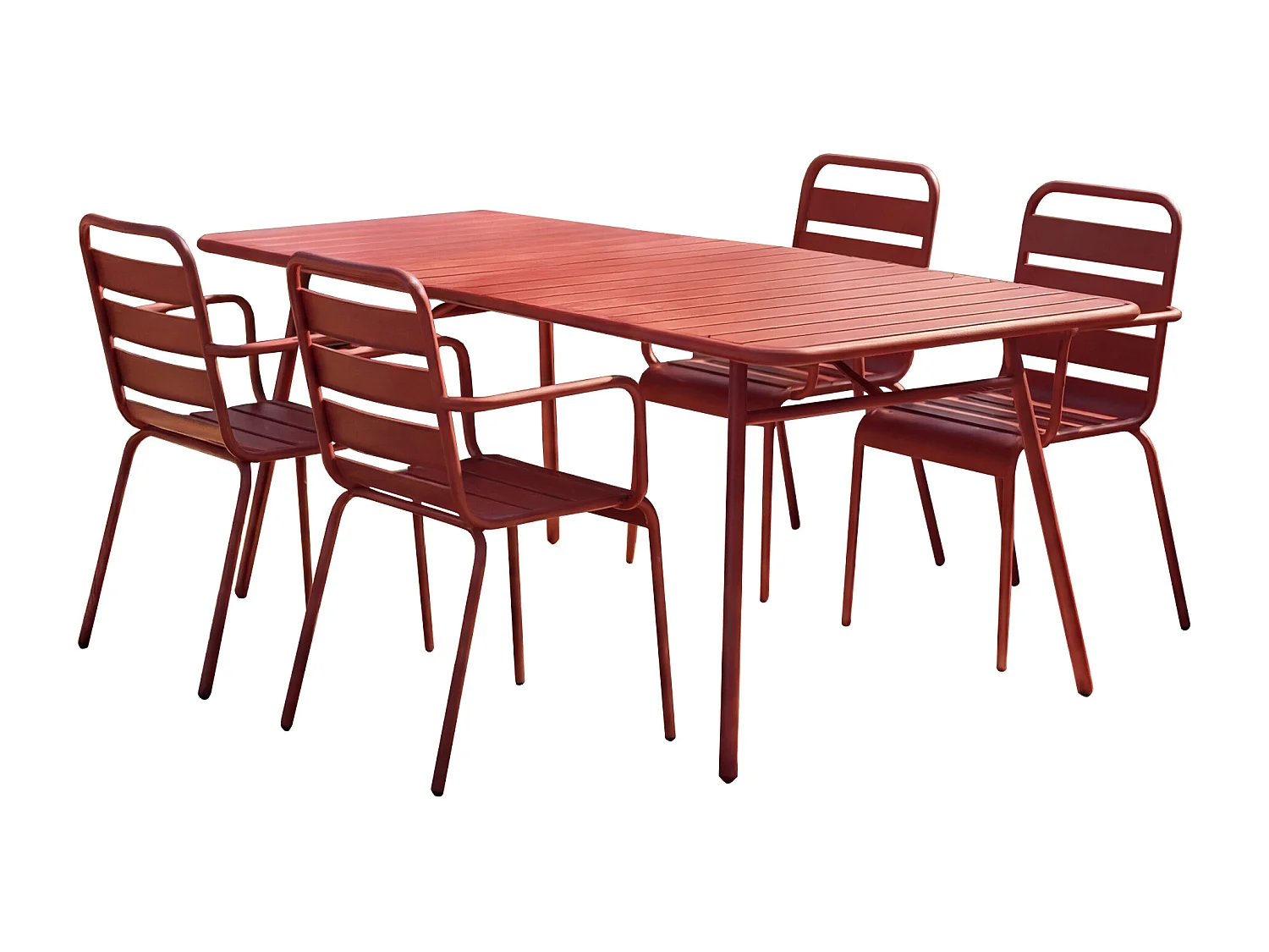 Salle à manger de jardin en métal - une table L.160 cm et 4 fauteuils empilables - Rouge - MIRMANDE de MYLIA