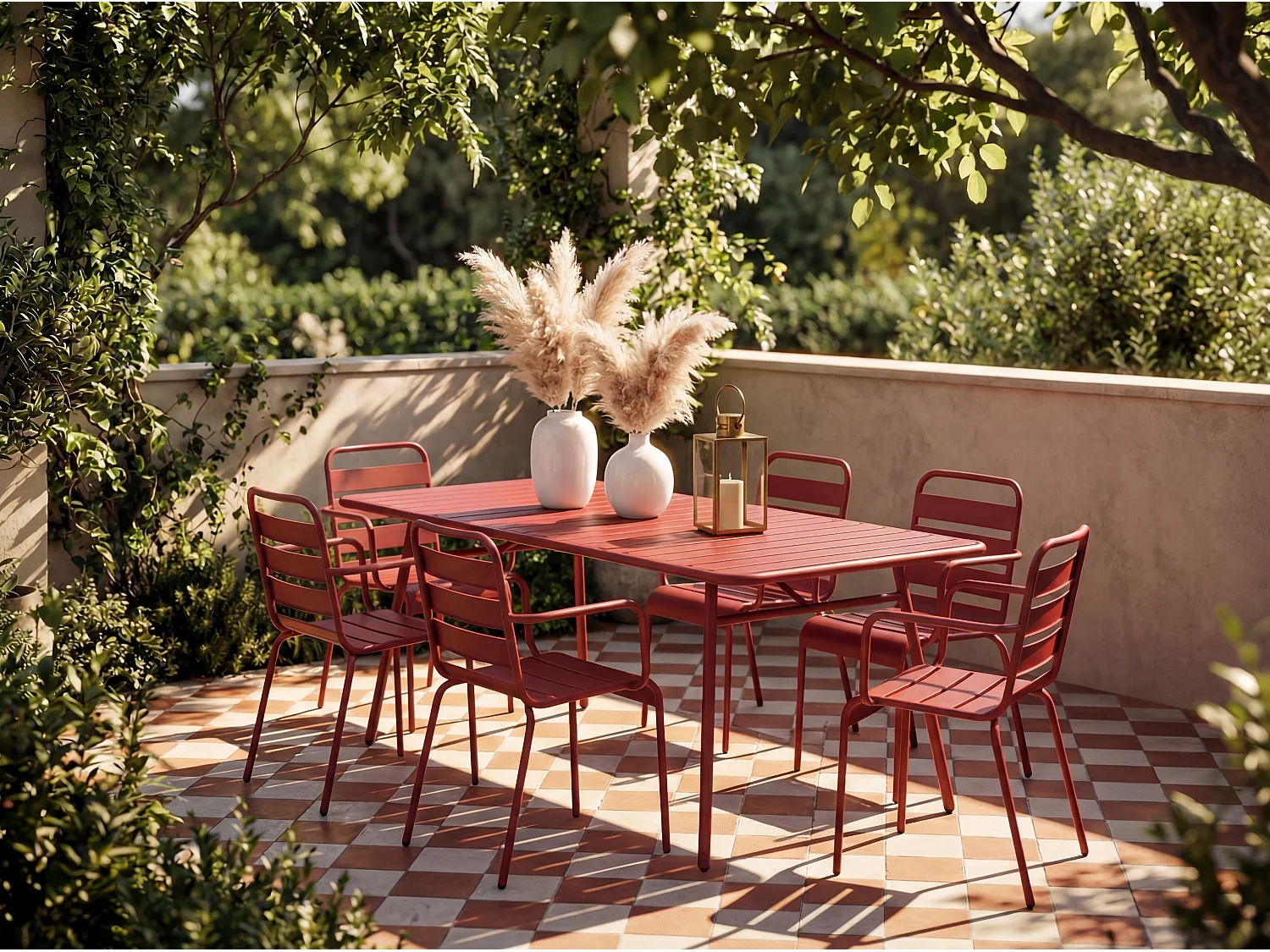 Salle à manger de jardin en métal - une table L.160 cm et 6 fauteuils empilables - Rouge - MIRMANDE de MYLIA