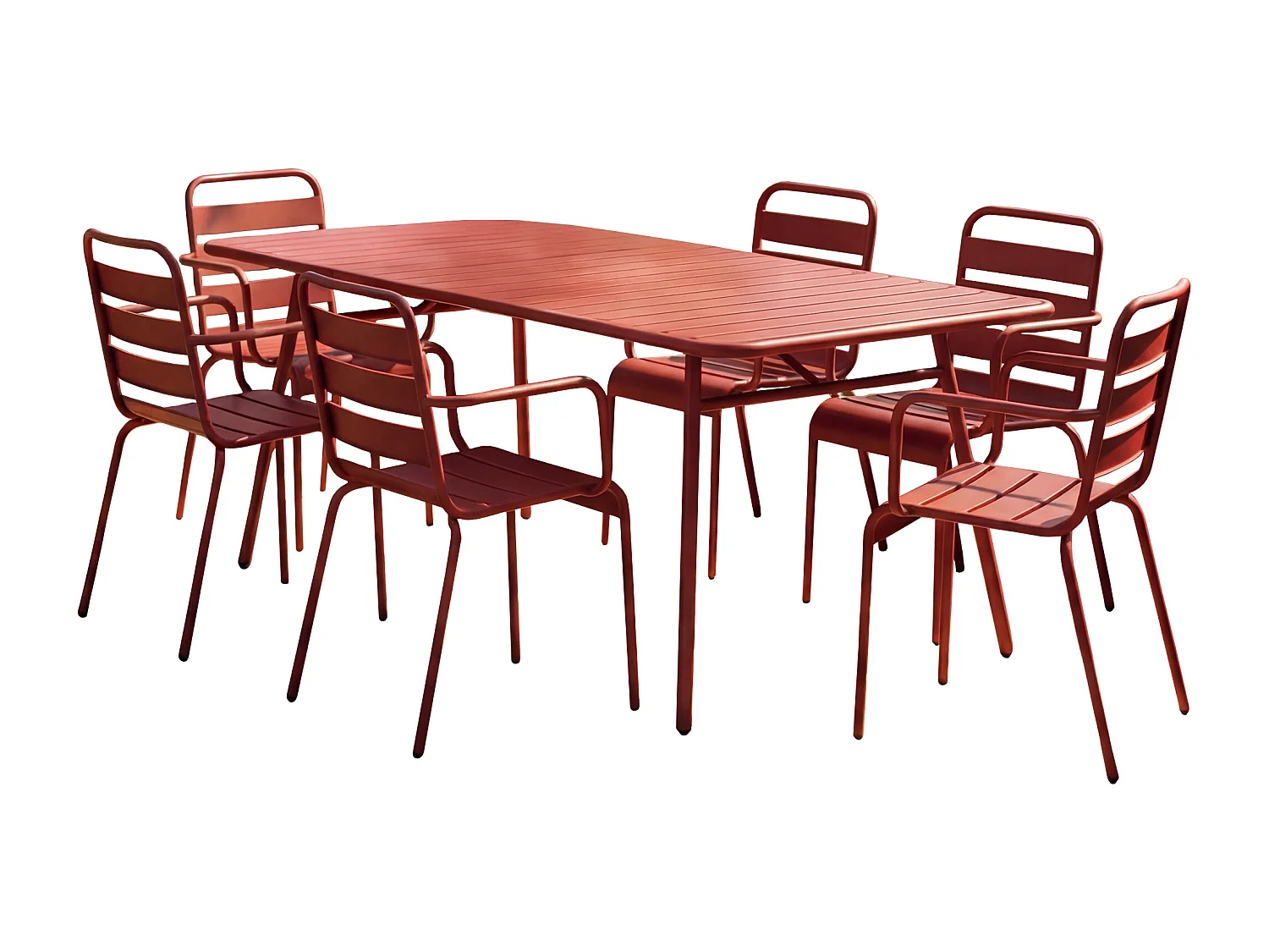 Salle à manger de jardin en métal - une table L.160 cm et 6 fauteuils empilables - Rouge - MIRMANDE de MYLIA