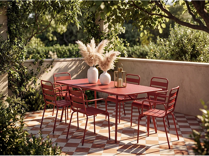 Sala da pranzo da giardino un tavolo L.160 cm e 6 poltrone impilabili in Metallo Rosso - MIRMANDE di MYLIA