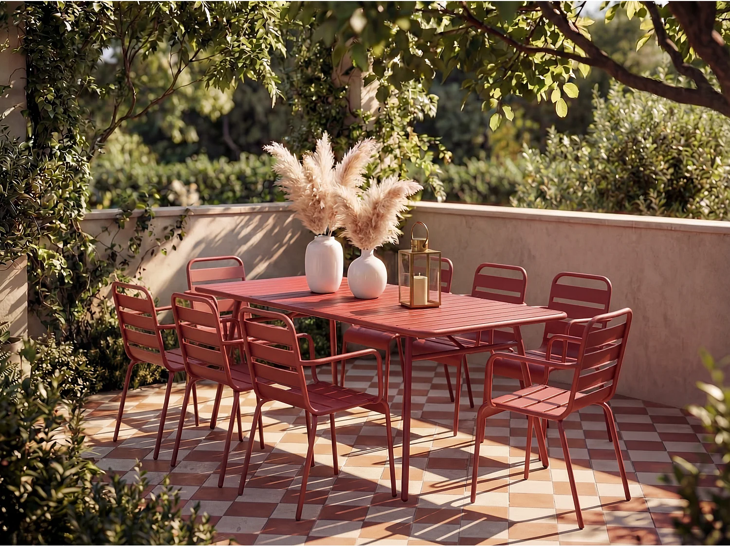 Salle à manger de jardin en métal - une table L.160 cm et 8 fauteuils empilables - Rouge - MIRMANDE de MYLIA